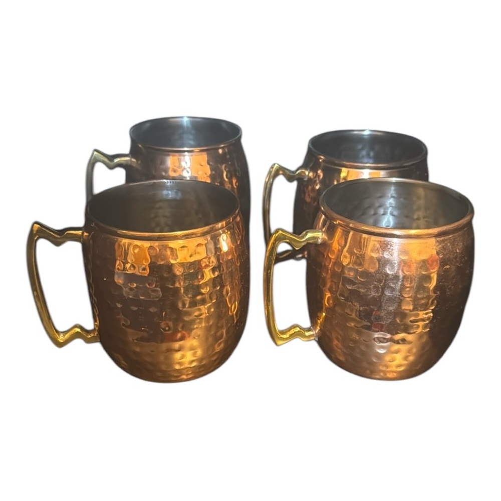 Set of Four | Hammered Copper Mugs with Gold Handles
